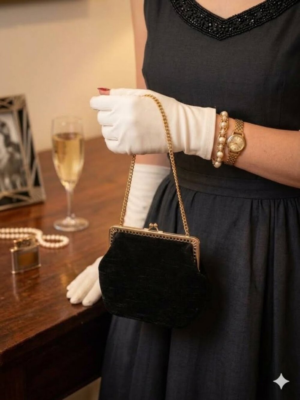 Vintage Black Velvet Made in Italy Kiss Lock Clutch Evening Bag Gold Chain